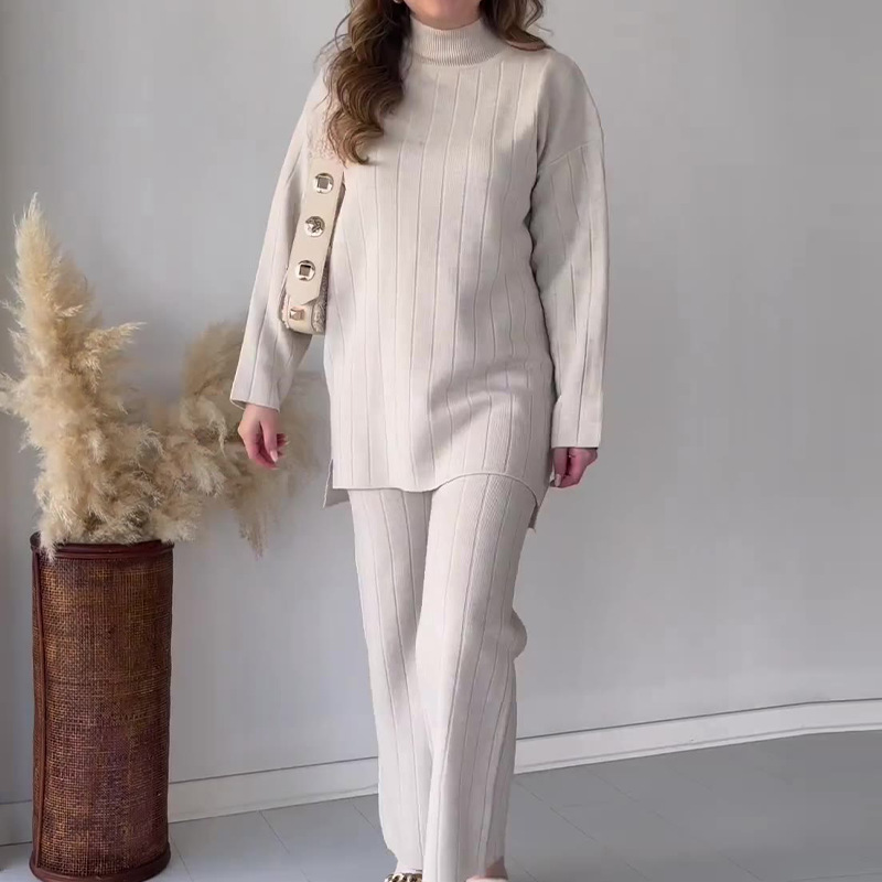 Damenbekleidung Herbst neue Mode einfarbig Rundhals mittlere Länge beiläufiger lockerer Pulloveranzug_voghion.com