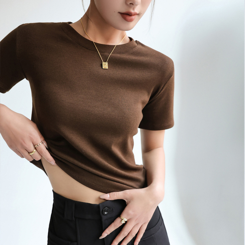 Selección estricta verano estilo coreano roscado Algodón color sólido hombro manga corta Camiseta de mujer suelta estilo simple parte superior de fondo image 11