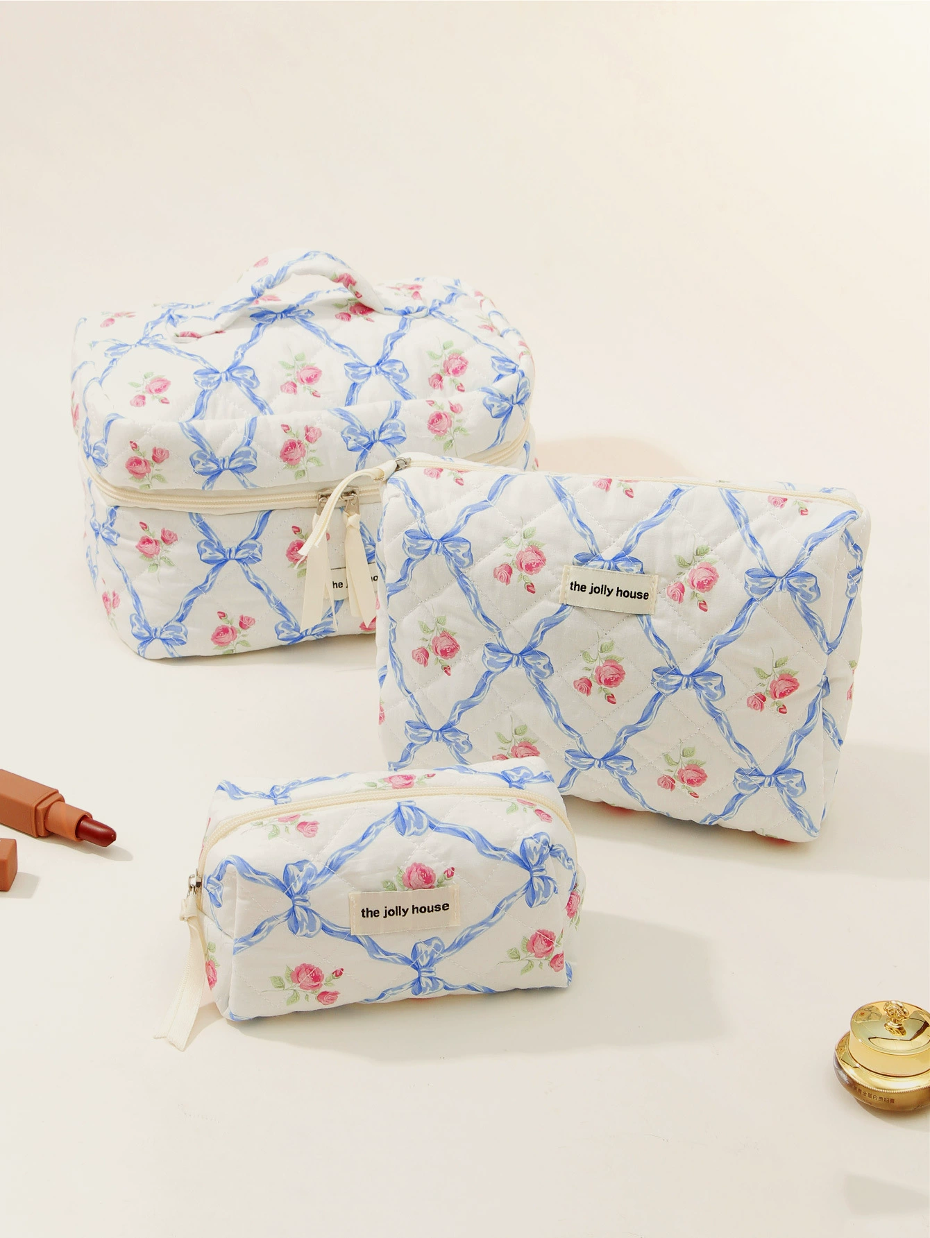 Cosmetic Bag Liner with Bow (liner) — Quilted Cotton, Large/Medium/Small Multi-Size Set