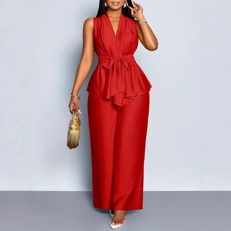European and American New Spring and Summer Women's Two-Piece Set, Elegant and Slimming V-Neck Sleeveless Irregular Top and Wide-Leg Pants Two-Piece Set