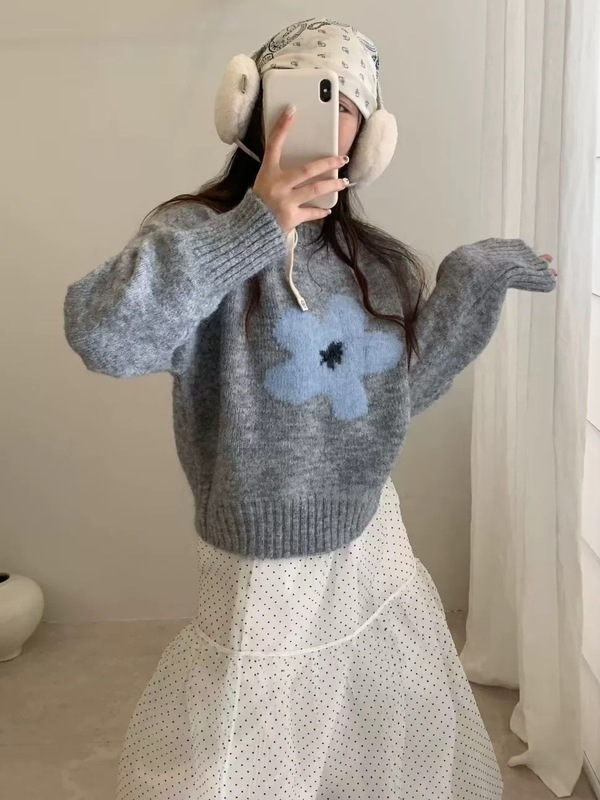 韩系减龄花朵提花套头毛衣女秋冬新款宽松温柔气质显瘦针织衫上衣|undefined