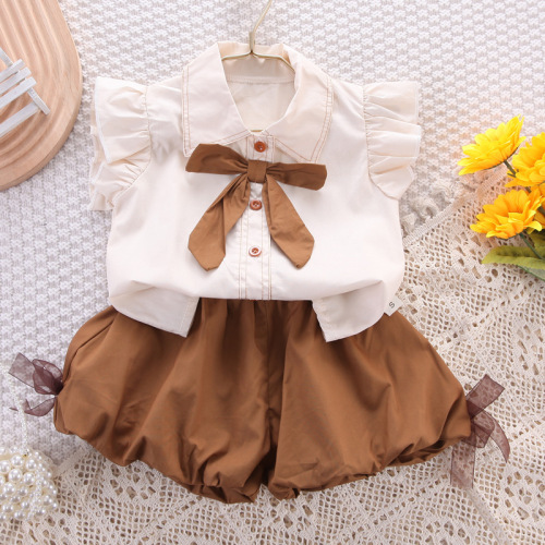 Foreign trade children's clothing girls Internet celebrity suit  summer new style small flying sleeve shirt bud pants western style two-piece trendy set