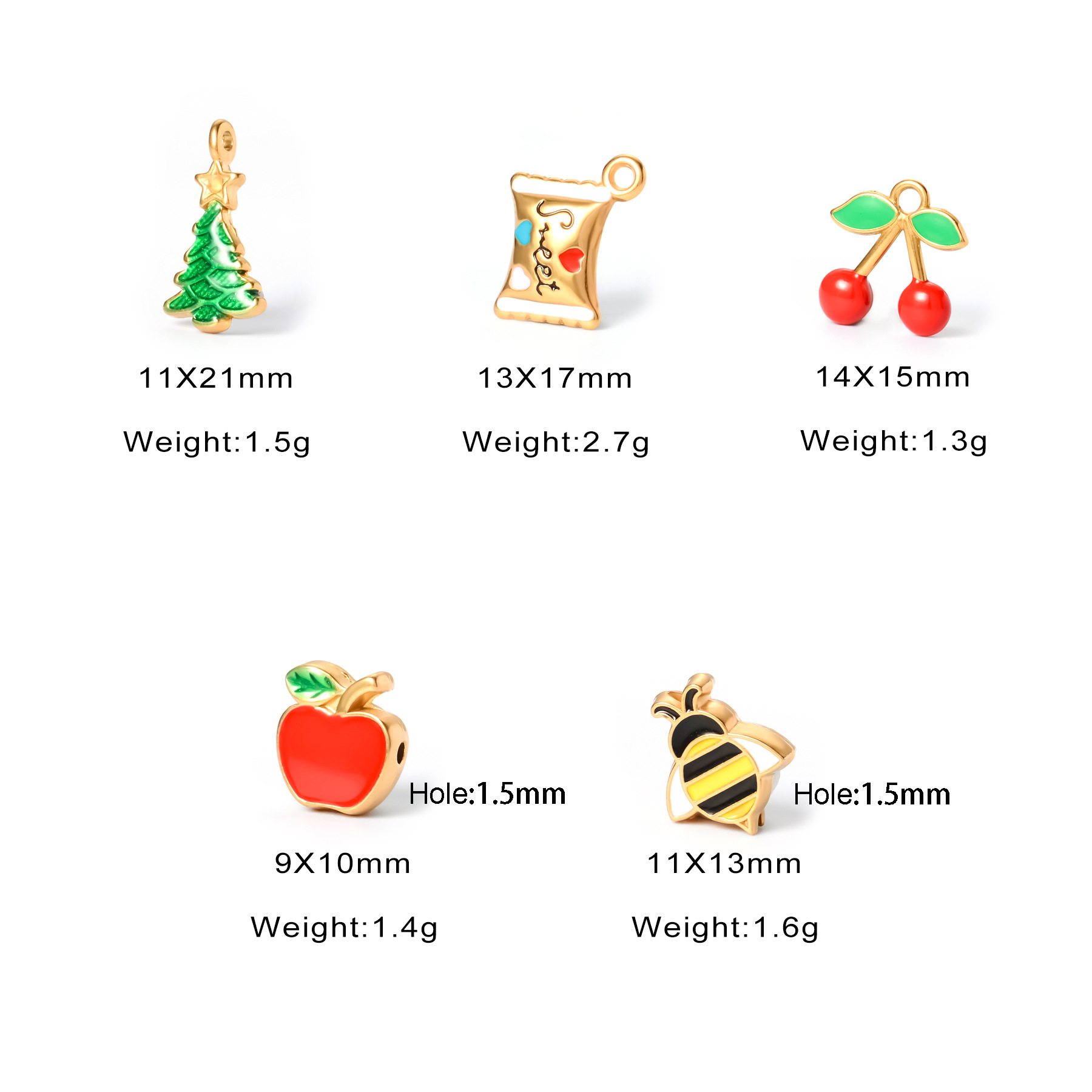 10g Weight PVD Coated Gold Plating Process 3 PCS/Package 11 * 21mm 304 Stainless Steel Cherry Apple Pendant Beads
