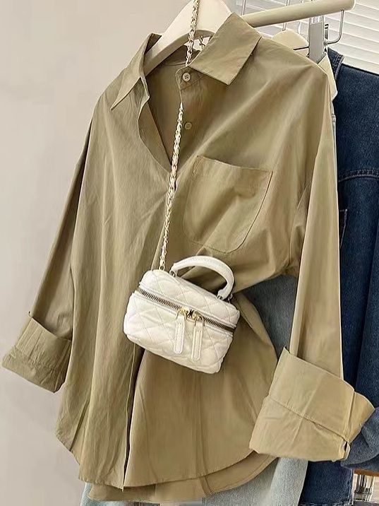 克莱因蓝纯棉衬衫女春秋新款内搭叠穿基础款宽松小个子白衬衣外套|undefined