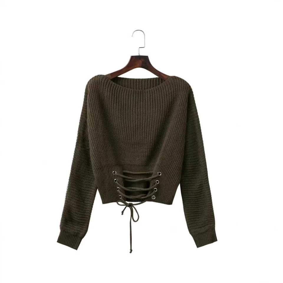 AliExpress deseo europeo y americano Comercio exterior suelta suéter de manga larga otoño e invierno nuevo suéter corto con cordones para mujeres