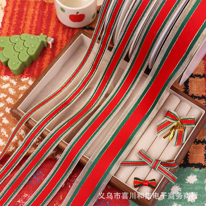 クロスボーダー赤と緑のストライプクリスマススプライシングリボン diy ホリデーデコレーションギフト包装ゴールドワイヤー 3 色クリスマスリボン|undefined