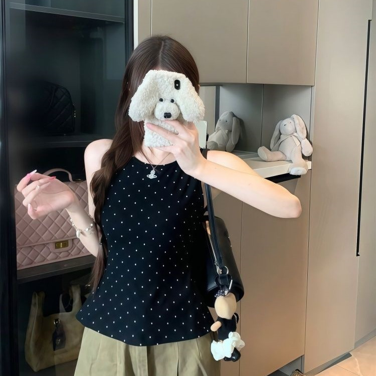 LC【260克人棉莫代尔】 后背镂空绑带波点印花无袖T恤女修身内7.9