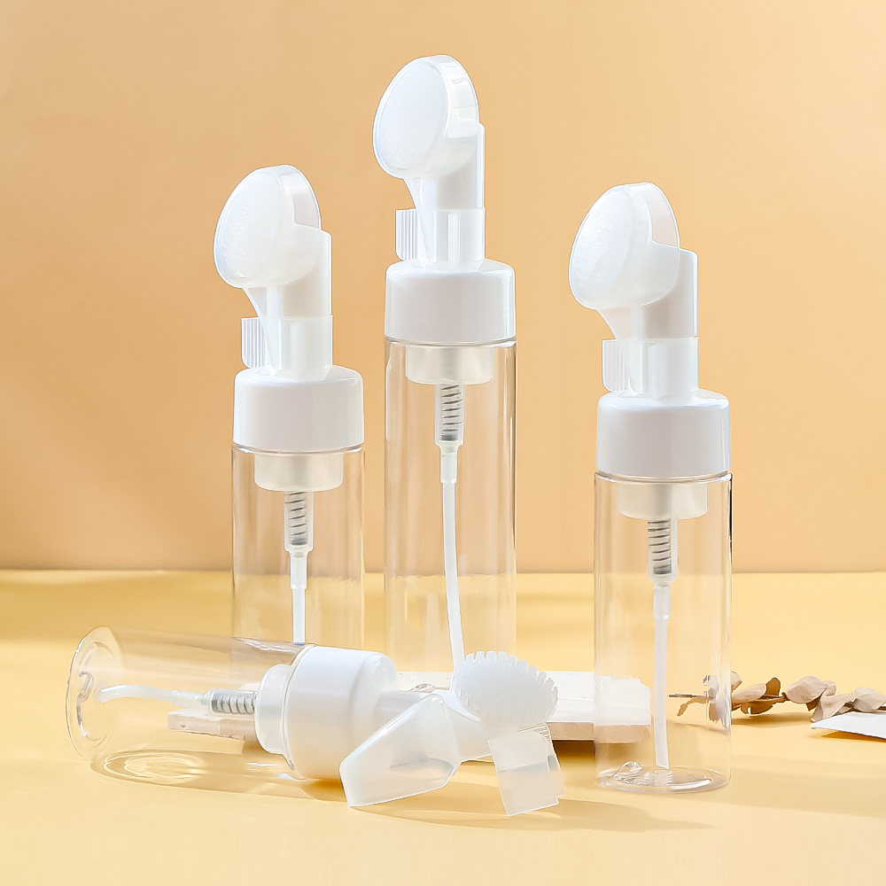 Pet Transparent Plastic Cleansing Mousse Bottle with Brush 100-250ml Foaming Empty Bottle Pressing Facial Cleanser Bottle