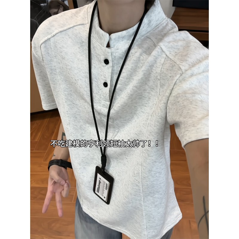 Cross-Border Henry Collar Patchwork Half-Sleeve T-Shirt for Men, American Style, Heavyweight, High Street Design, Loose Fit Top