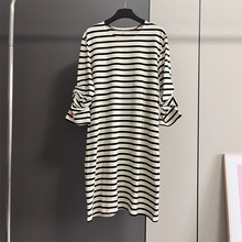 9914美式轻she主义 黑白条纹褶皱七分袖全棉宽松圆领连衣裙