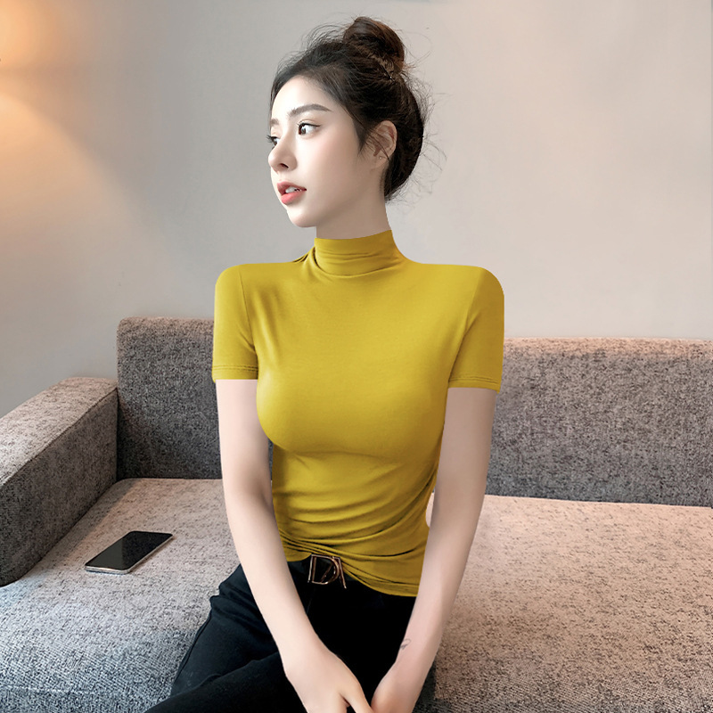 女性用ブラウンハーフタートルネック半袖Tシャツ、2025年新作夏スリムフィットボトムシャツトップ|undefined