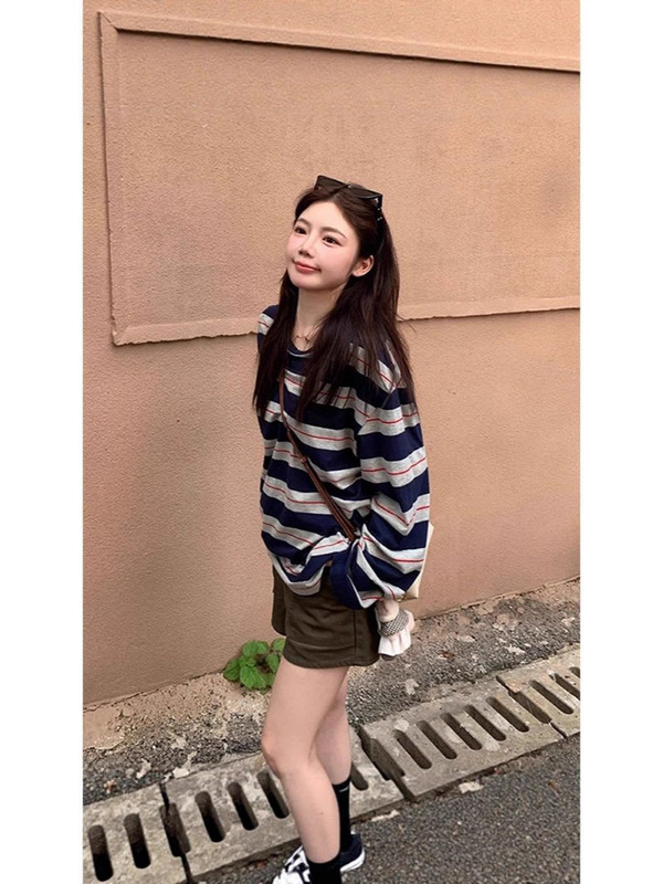 【工厂现货】条纹防晒罩衫长袖T恤女秋季宽松薄款圆领休闲上衣|undefined