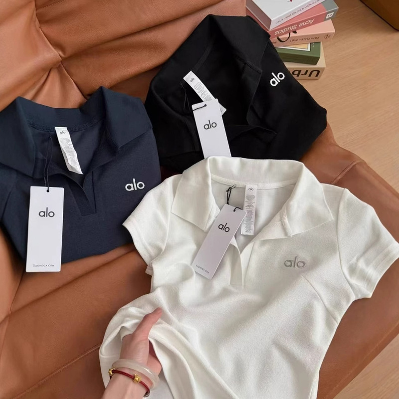 Alo2025 New Lapel Polo Short-Sleeved T-Shirt Women's Right Shoulder Slimming Look Pure Color Top for Summer