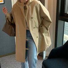 潮ins小众设计感别致纽扣宽松纯色秋季中长款工装连帽风衣外套女