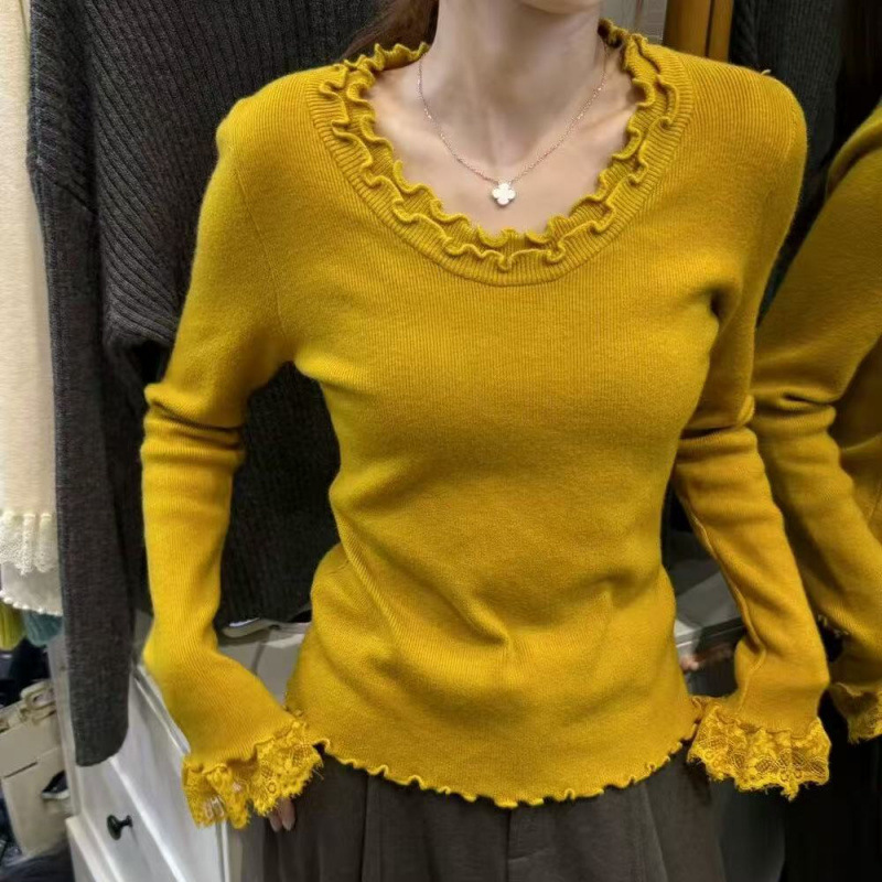 Korean Style Sweet Girly Style Knitted Sweater for Women Autumn and Winter Lace Splicing Slimming Top