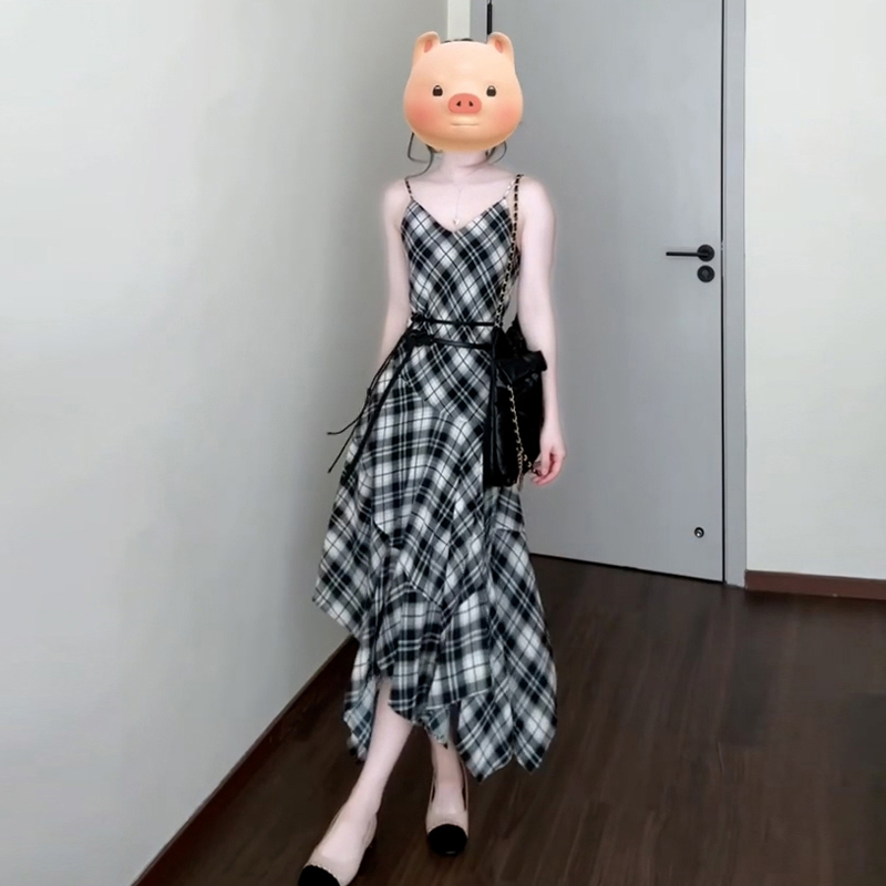 チェック柄サスペンダーVネックドレス婦人服2025新作初夏着用美しいウエストタイトロングスカート|undefined