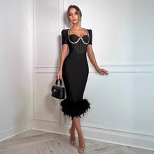 欧美跨境高品质优雅黑色短袖V领高腰订钻羽毛连衣裙绷带礼服