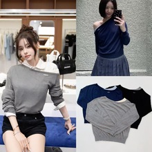 韩国小众 宋智雅同款 斜露肩假两件拼接长袖针织衫上衣