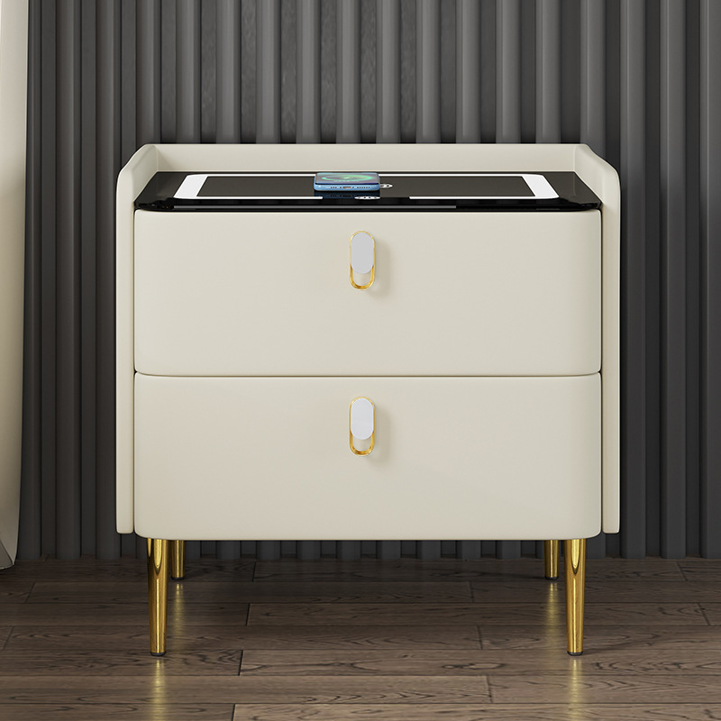 智能床頭櫃簡約現代實木皮質輕奢網紅高級感北歐無線充電置物架