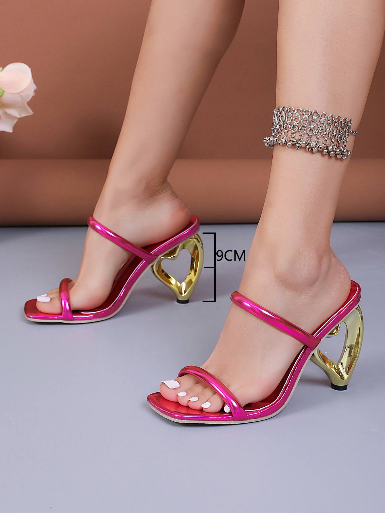 European and American new summer golden special-shaped high-heeled slippers for women cross-border fashion square toe sandals wholesale large size_voghion.com