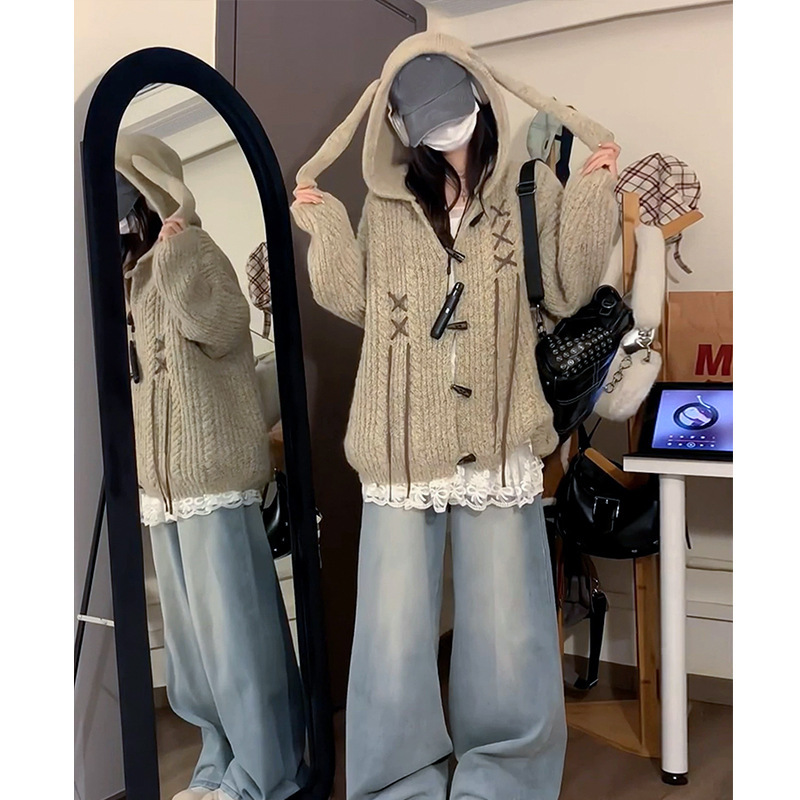 美式复古兔耳朵牛角扣连帽毛衣女秋冬2025新款慵懒风针织开衫外套|undefined