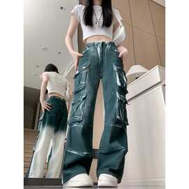 韩版秋季美式街头撞色扎染重工牛仔工装裤女新款宽松阔腿裤