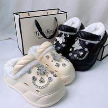 秋冬毛毛凉拖鞋加毛洞洞鞋女防滑银色蝴蝶亚马逊厚底洞洞鞋可代发