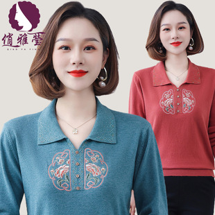 Qiao Yaying 50-year-old 60-year-old mother long sleeve sweater lapel embroidery new Chinese temperament middle-aged and elderly women's small shirt