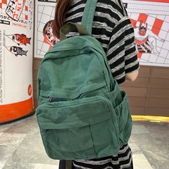 新款書包女大學生韓系慵懶風雙肩包高中學生書包純色復古帆布背包