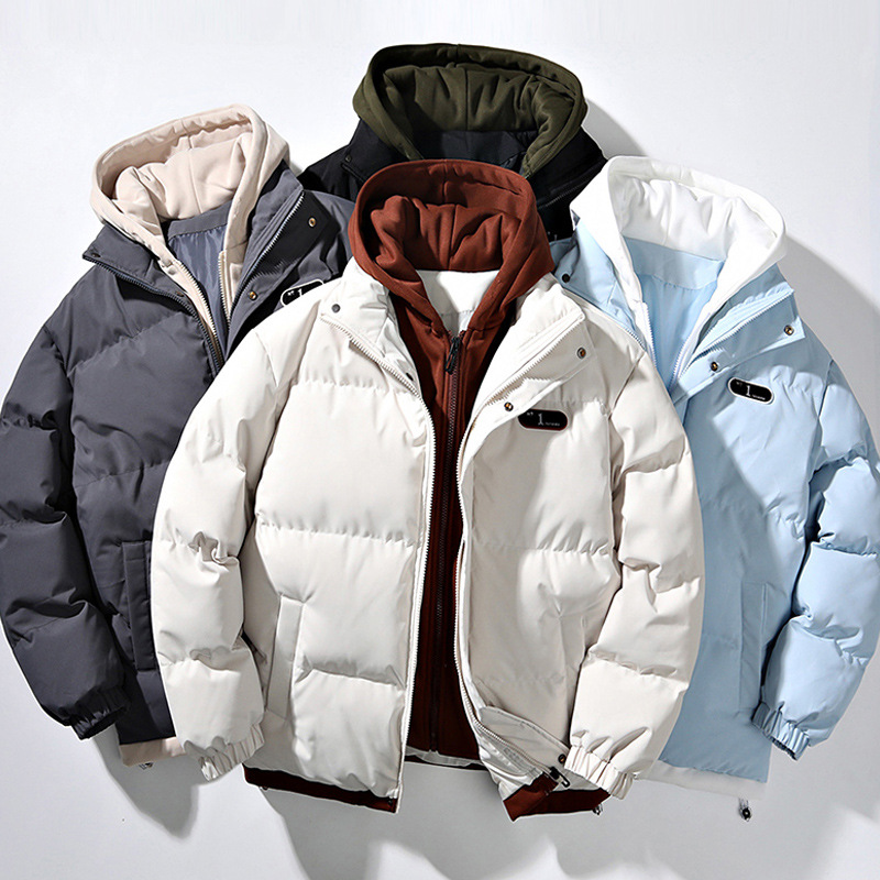 Ropa de algodón falsa de dos piezas para hombres, chaqueta de algodón cálida gruesa informal suelta de invierno, chaqueta acolchada con capucha de tendencia japonesa al por mayor