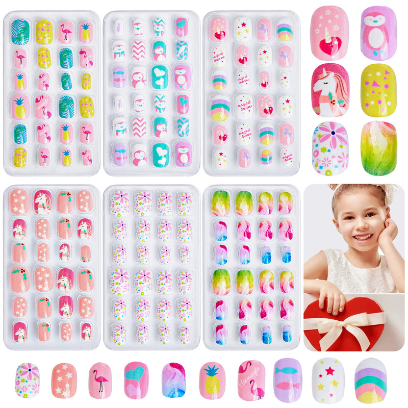 Cross-border children's wearable nail set, large children's glitter French cartoon playful press-on fake nail accessories