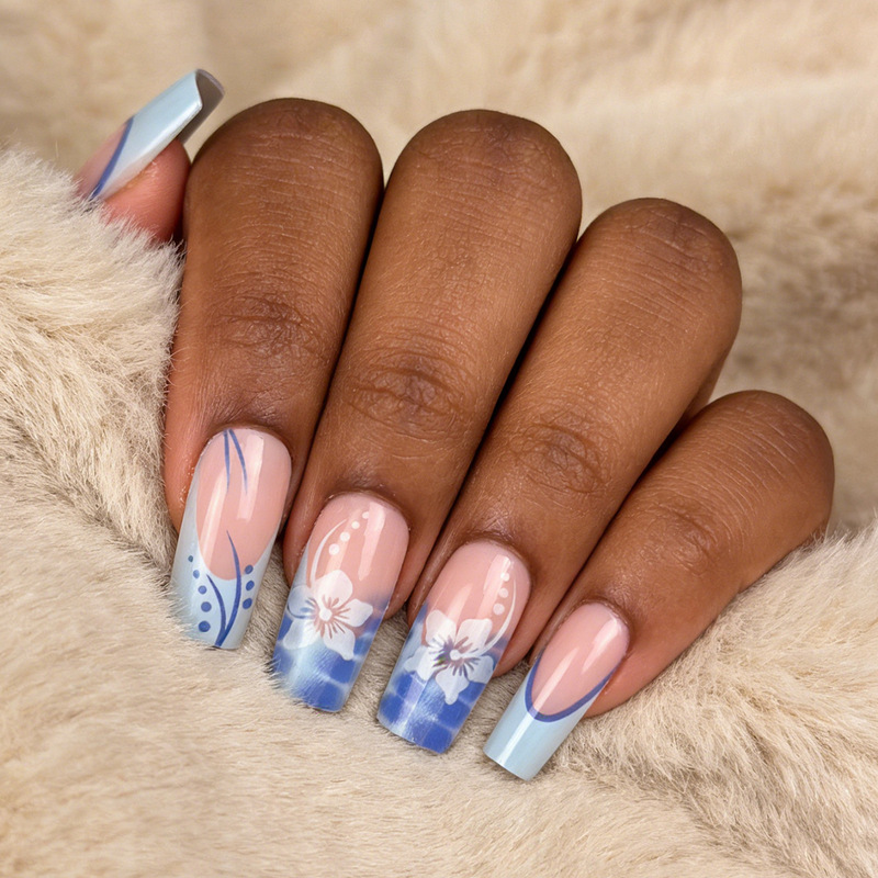 Cross-Border Medium-Length Rectangular Wearable Nails, Blue Irregular French-Style Floral Detachable Fake Nails, Nail Art Patches