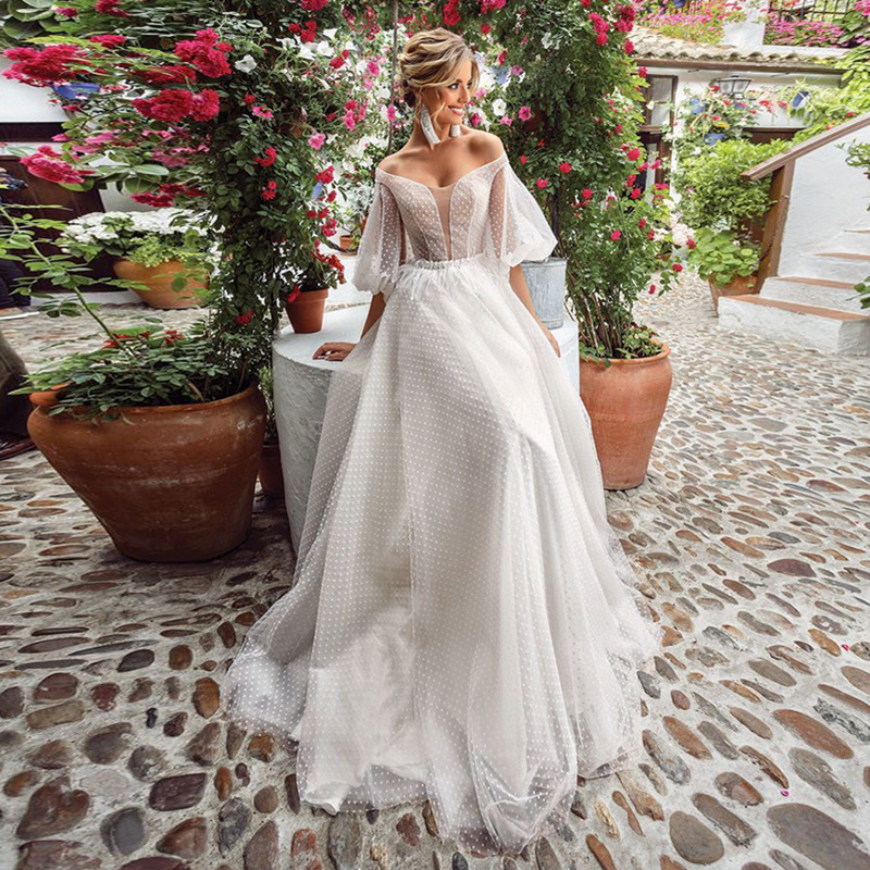 Comercio exterior europeo y americano Amazon AliExpress deseo nuevo vestido de noche de boda con cuello en V burbuja media manga beige punto vestido de red