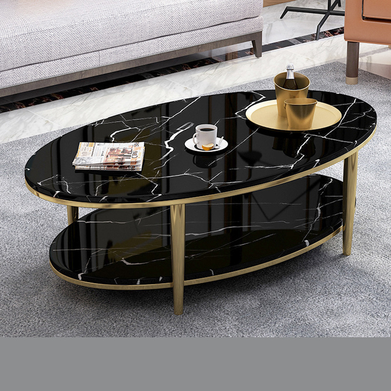 Nordic Light Luxury Hotel Double-Layer Marble Negotiation Table Small Apartment Home Living Room Simple Oval Iron Art Coffee Table