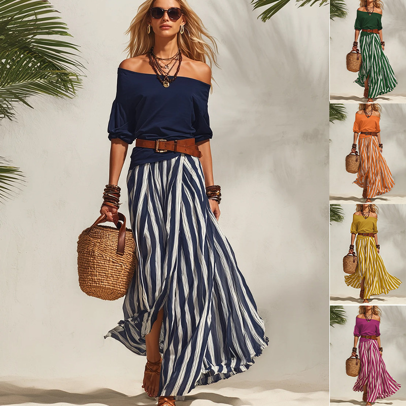 2026 Spring and Summer New European and American Cross-Border Nautical Vacation Style Off-Shoulder Top and Slit Skirt Women's Set