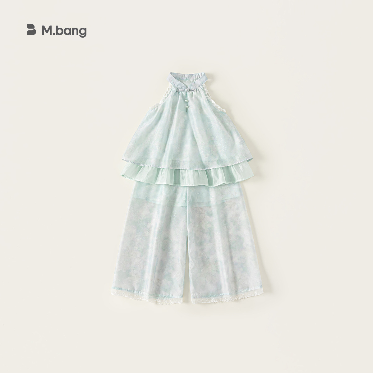 Ropa de niños Youbao de verano para niños grandes trajes de niñas camisas colgantes de cuello estilo nacional de malla de niñas pantalones de piernas anchas de encaje dos conjuntos