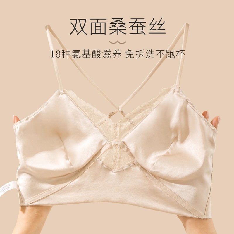 法式真丝吊带内衣抹胸式蕾丝防走光可外穿薄款无痕桑蚕丝美背文胸|undefined