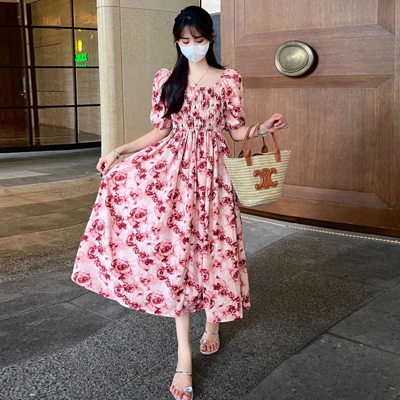 French Style Chic Dress Summer Women's Ink Spuffed Rose Pleated Waist Floral A- Line Mid-Length Dress