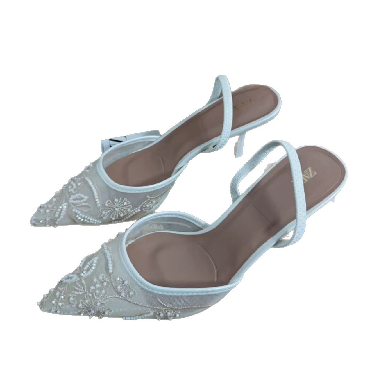 (Zara, белые осенние сетчатые свадебные туфли-sandals с вышивкой)