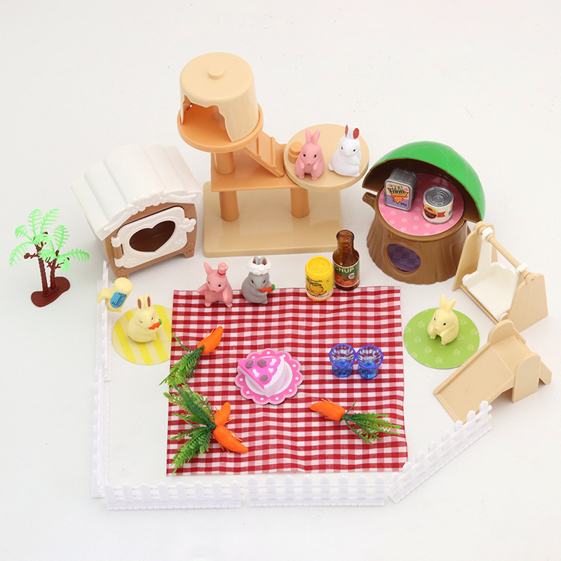 Niños transfronterizos mascotas juegos de la casa juguetes dibujos animados gato perro hámster modelo decoración dinosaurio árbol casa traje de campamento lote