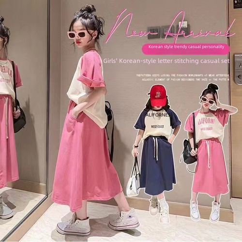 HOT GIRL SET SKIRT Korean Style Short Sleeve Alphabet Fashion Casual Sportswear Children Half Skirt Two-Piece Set