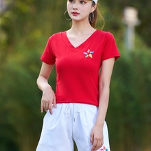 广场舞服装新款上衣V领夏天短裤裙子跳舞衣服短袖红色夏款两件套