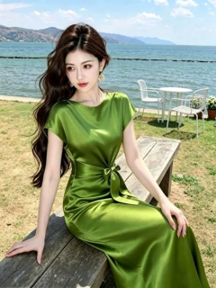 气质名媛绿色缎面连衣裙2026夏季出席重要场合漂亮法式掐腰裙