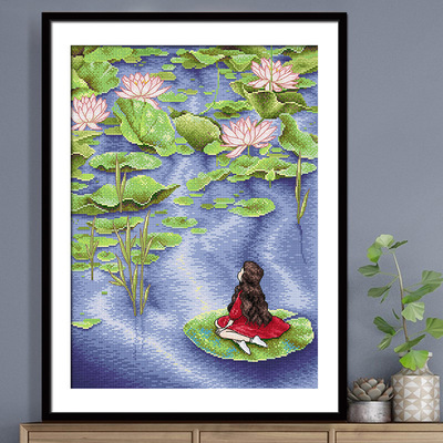 春天十字绣2021新款线绣荷花女孩风景系列竖版客厅卧室手工自己绣|ms