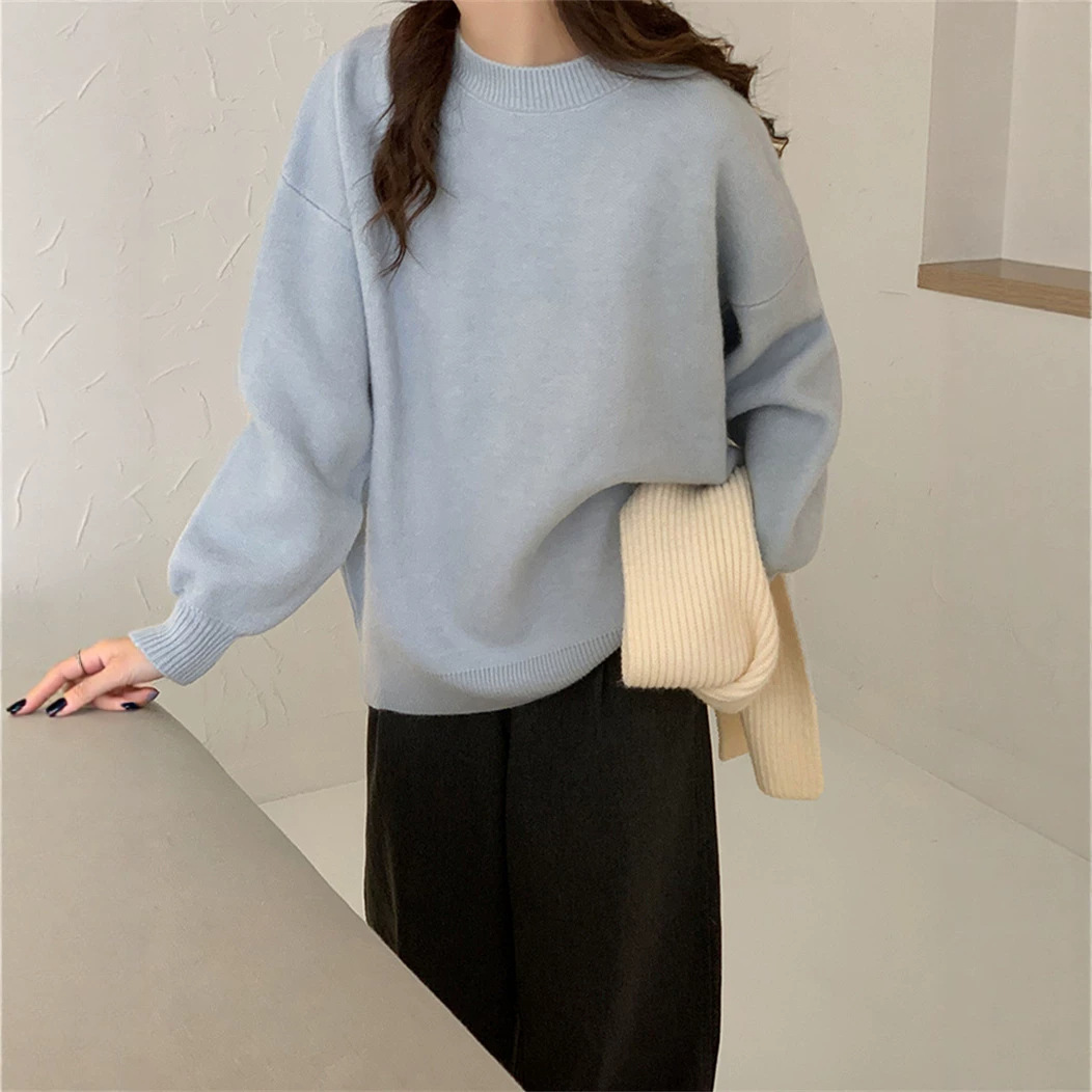 Coreano casual retro color sólido suéter de cuello redondo para mujeres otoño y invierno nuevo estilo de vestir suelta camisa de punto de estilo portugués