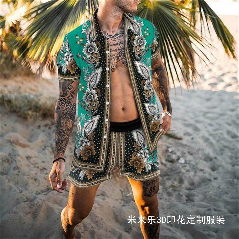 2024 년 여름 아마존 유럽과 미국의 국경 남성 셔츠 캐주얼 느슨한 반팔 반바지 비치 세트 투피스 세트