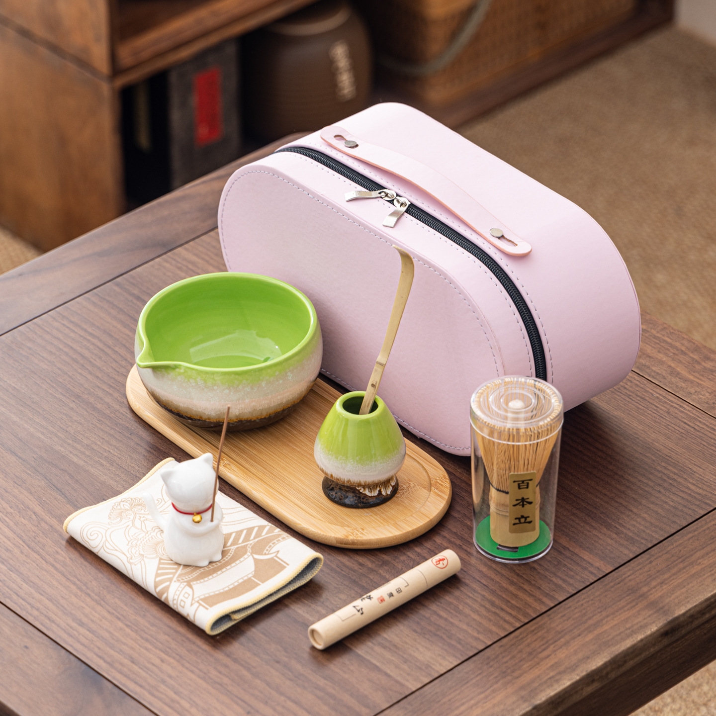 Cuenco de matcha corrugado caja de cuero set adorable gatito Xiangdao ocho piezas set punto té 100 tazas de té