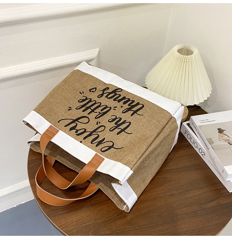 360g Weight Open Closure Type Top Handle Strap Type Tote Bag Bags Type Casual, Daily Occasion cotton and linen Material Letter Pattern All Seasons Season Women's Gender Basic, Classic Style Style Square Shape Large Size Women's Large Cotton And Linen Letter Basic Classic Style Square Open Tote Bag 4