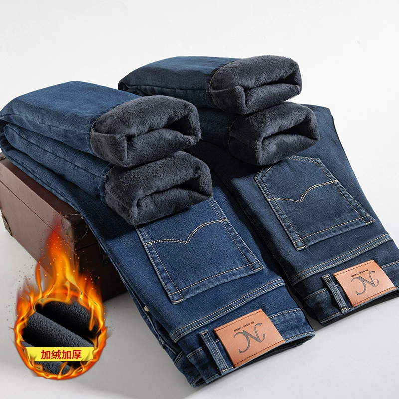 Плюшевые джинсы мужские зимние толстые теплые и холодные стройные прямые брюки повседневная средняя талия длинные брюки мужской JR561