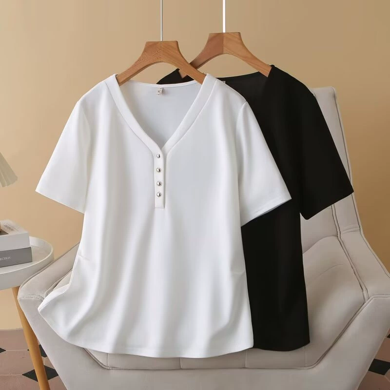 Женская летняя новая футболка больших размеров с v-образным вырезом и короткими рукавами для полных девушек, простой стиль, пуговицы для ногтей, складка, элегантный топ для похудения 2532